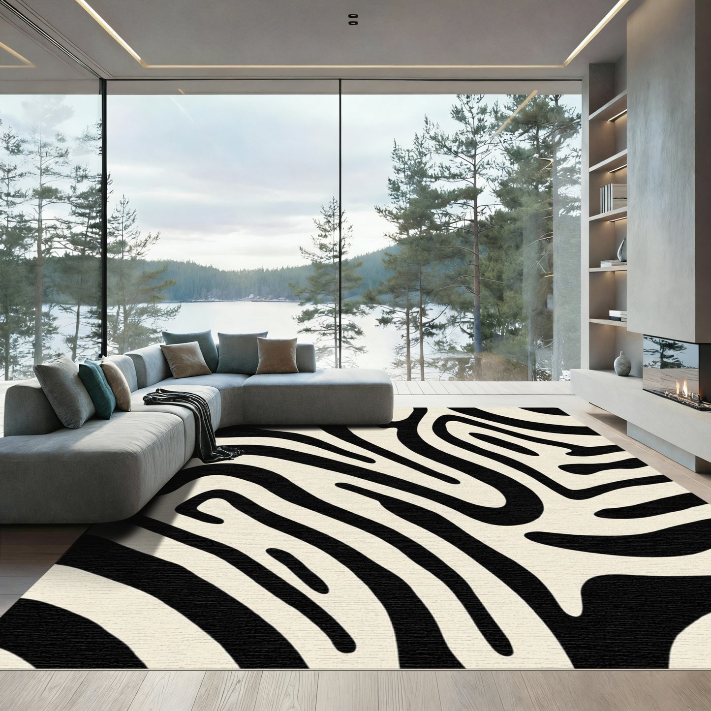 Cream Black Wavy Animal Print Rug