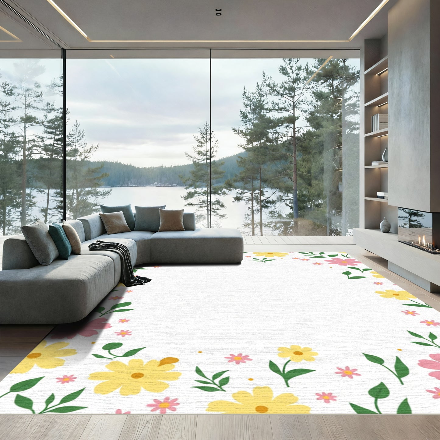 Pink Yellow Floral Border Accent Rug