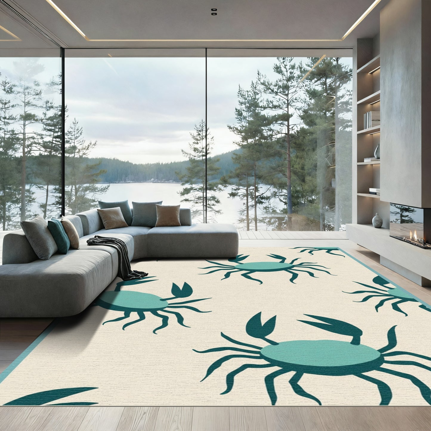 Teal Crab Repeating Seaside Border Rug
