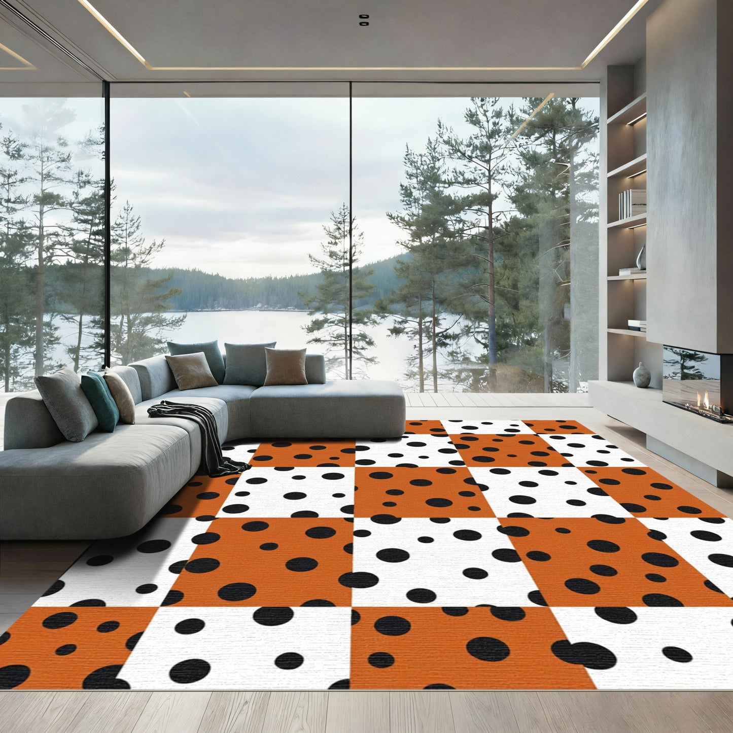 Orange White Polka Dot Squares Rug