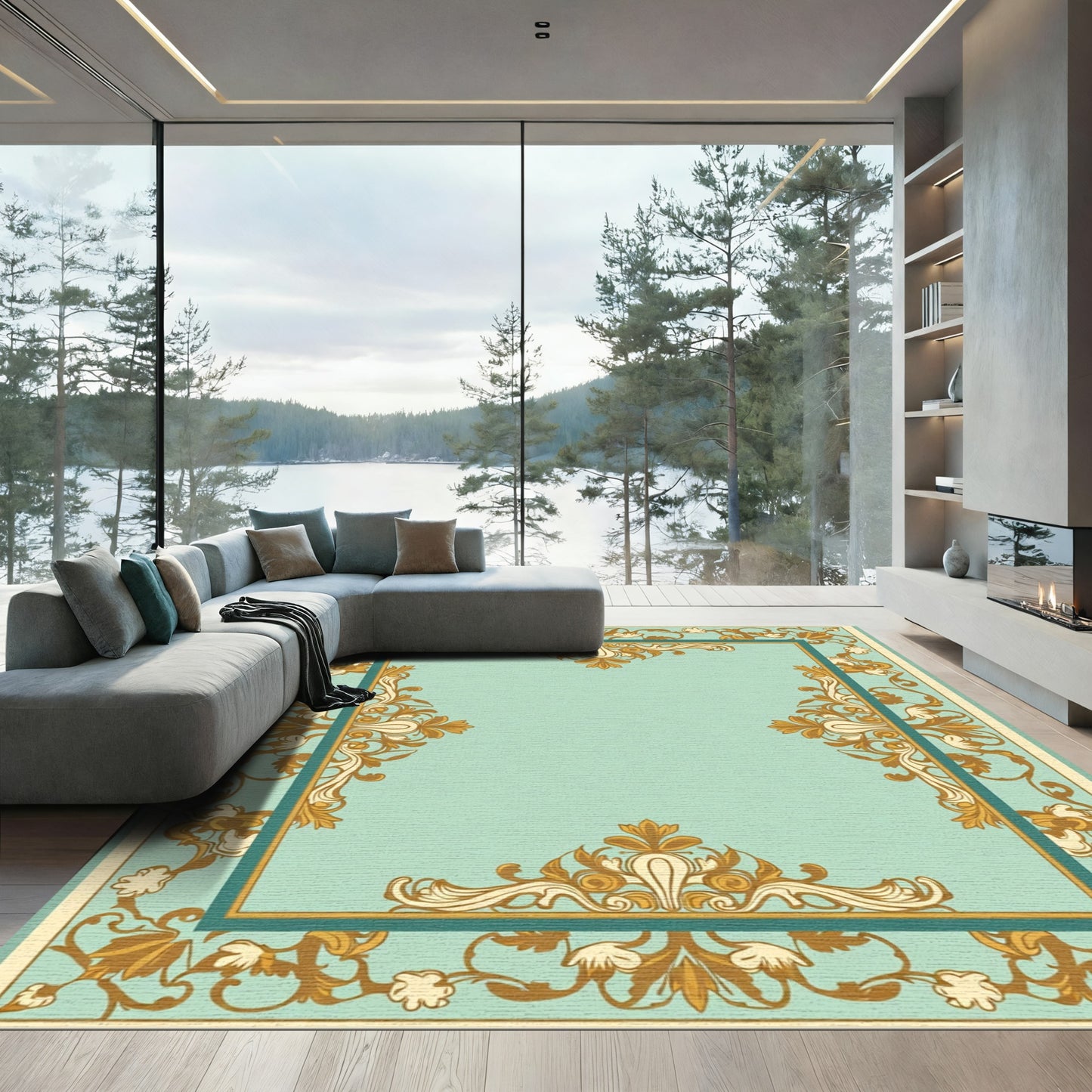Aqua Golden Scroll Border Medallion Rug