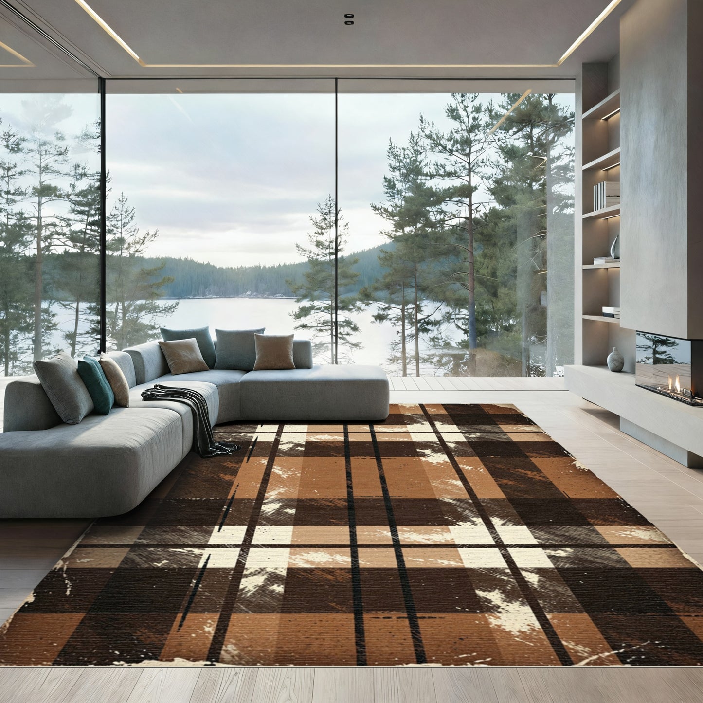 Distressed Earth Tone Plaid Check Rug