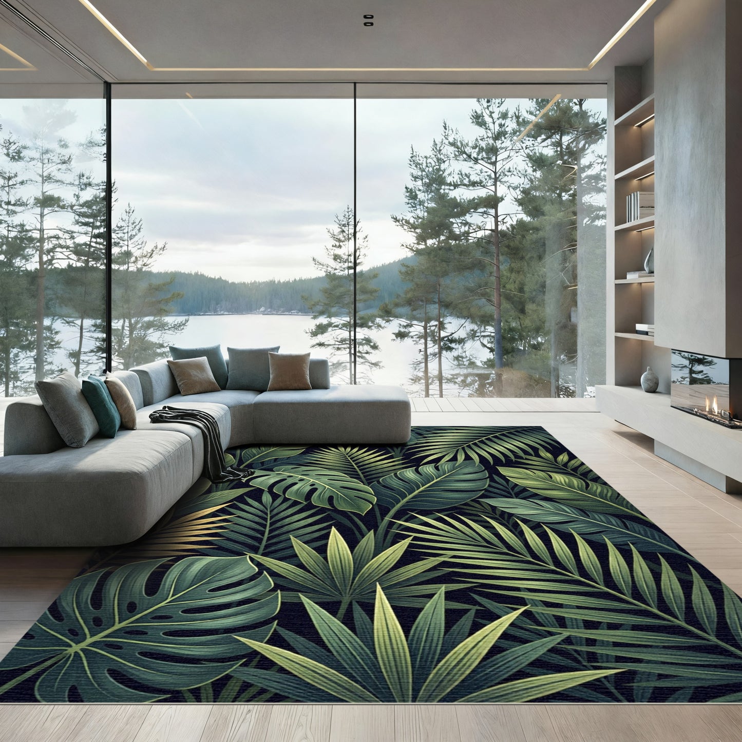 Deep Green Tropical Leaf Jungle Rug