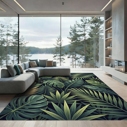 Deep Green Tropical Leaf Jungle Rug