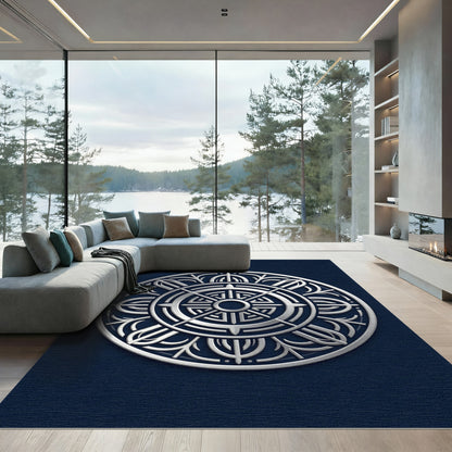 Silver Embossed Circular Mandala Medallion Rug