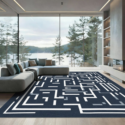 White Navy Maze Labyrinth Graphic Rug