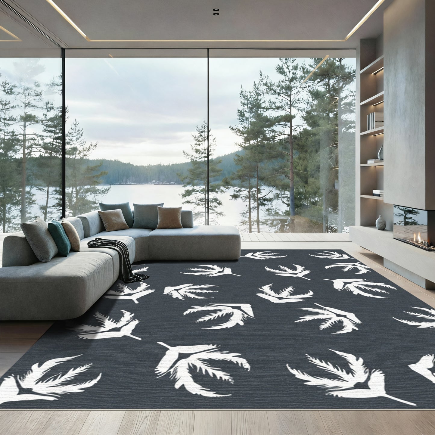 White Frond Fern Pattern Dark Rug
