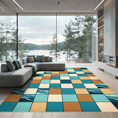 Abstract Tidal Wave Grid Earthy Tones Rug