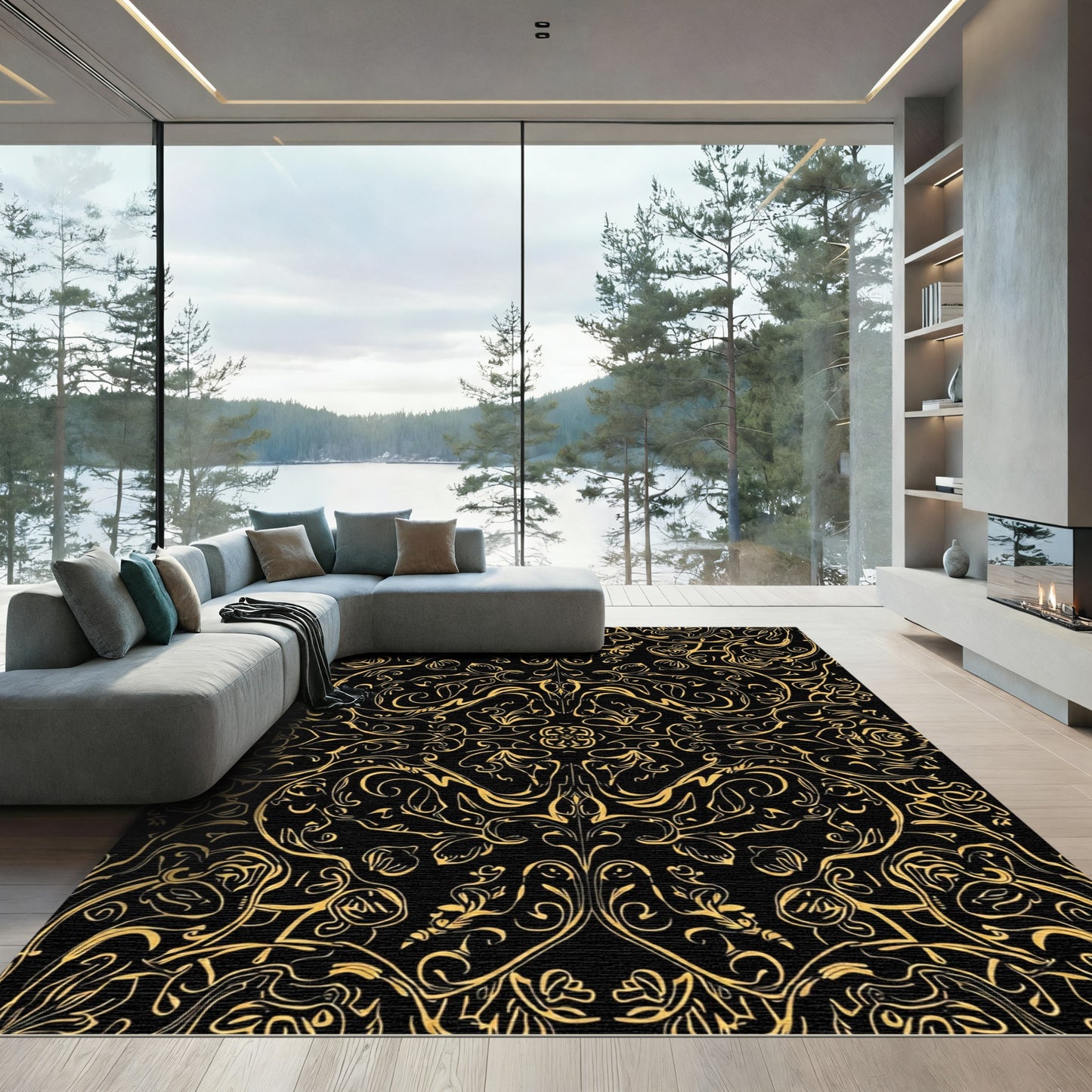Golden Black Baroque Flourish Rug