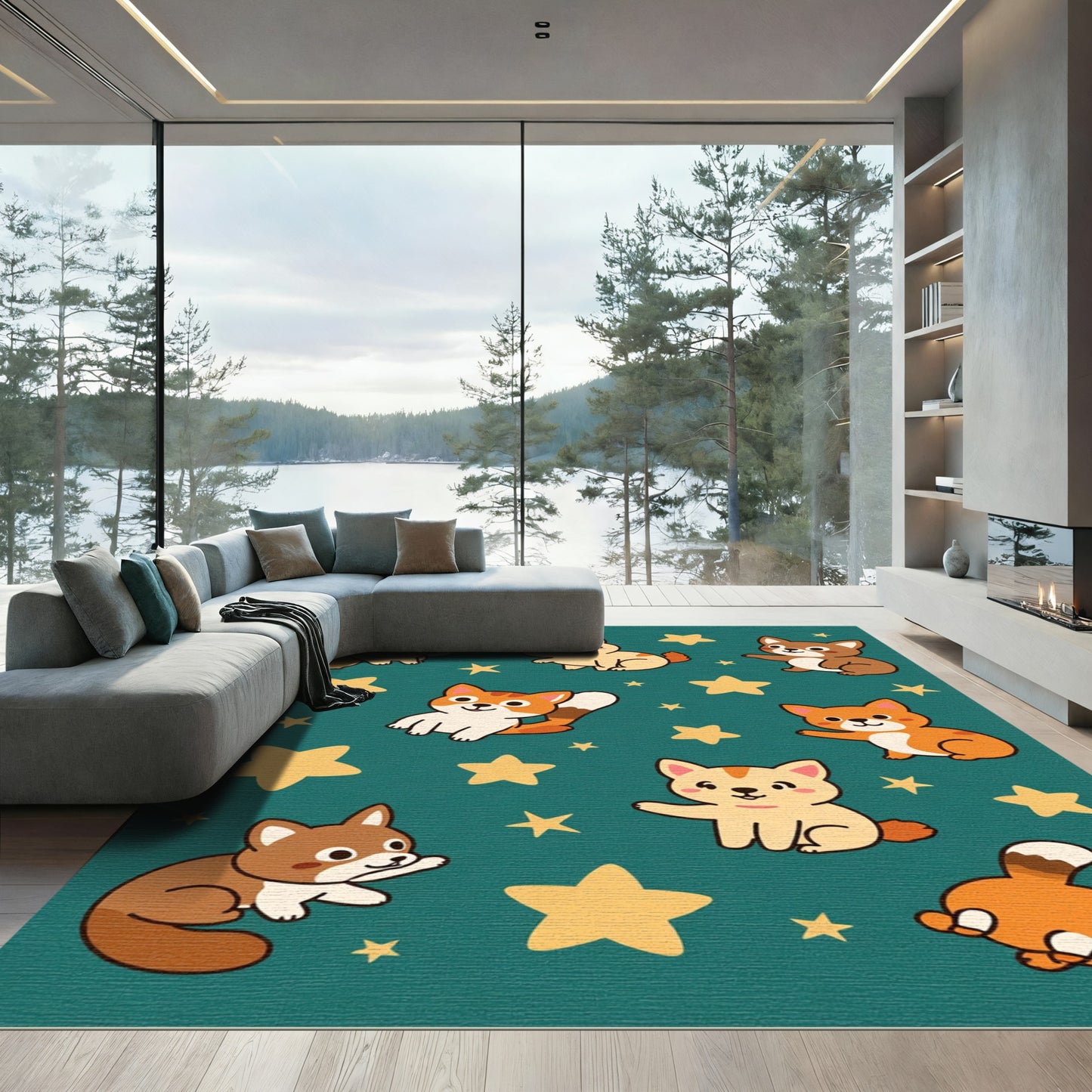 Playful Puppies Stars Teal Rug