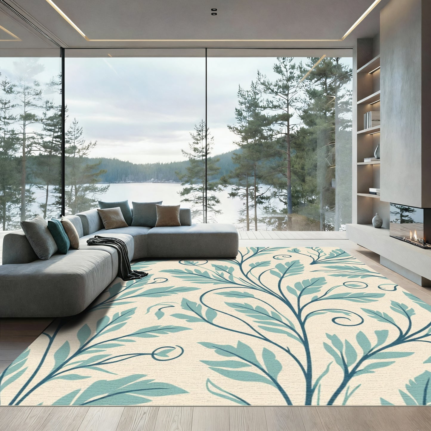 Teal Leaf Swirl Cream Branch Rug