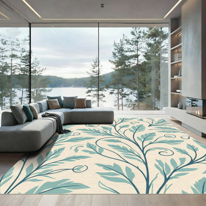 Teal Leaf Swirl Cream Branch Rug