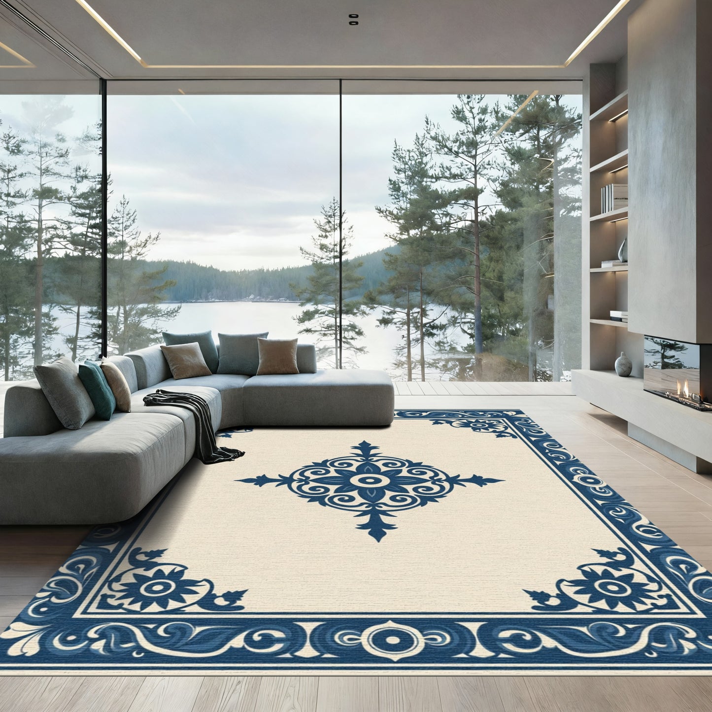Navy Blue Ornate Floral Inlay Rug