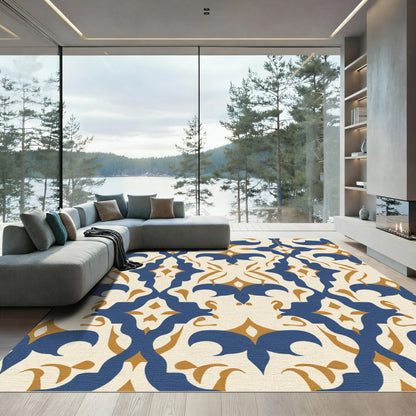 Navy Gold Ornate Damask Rug