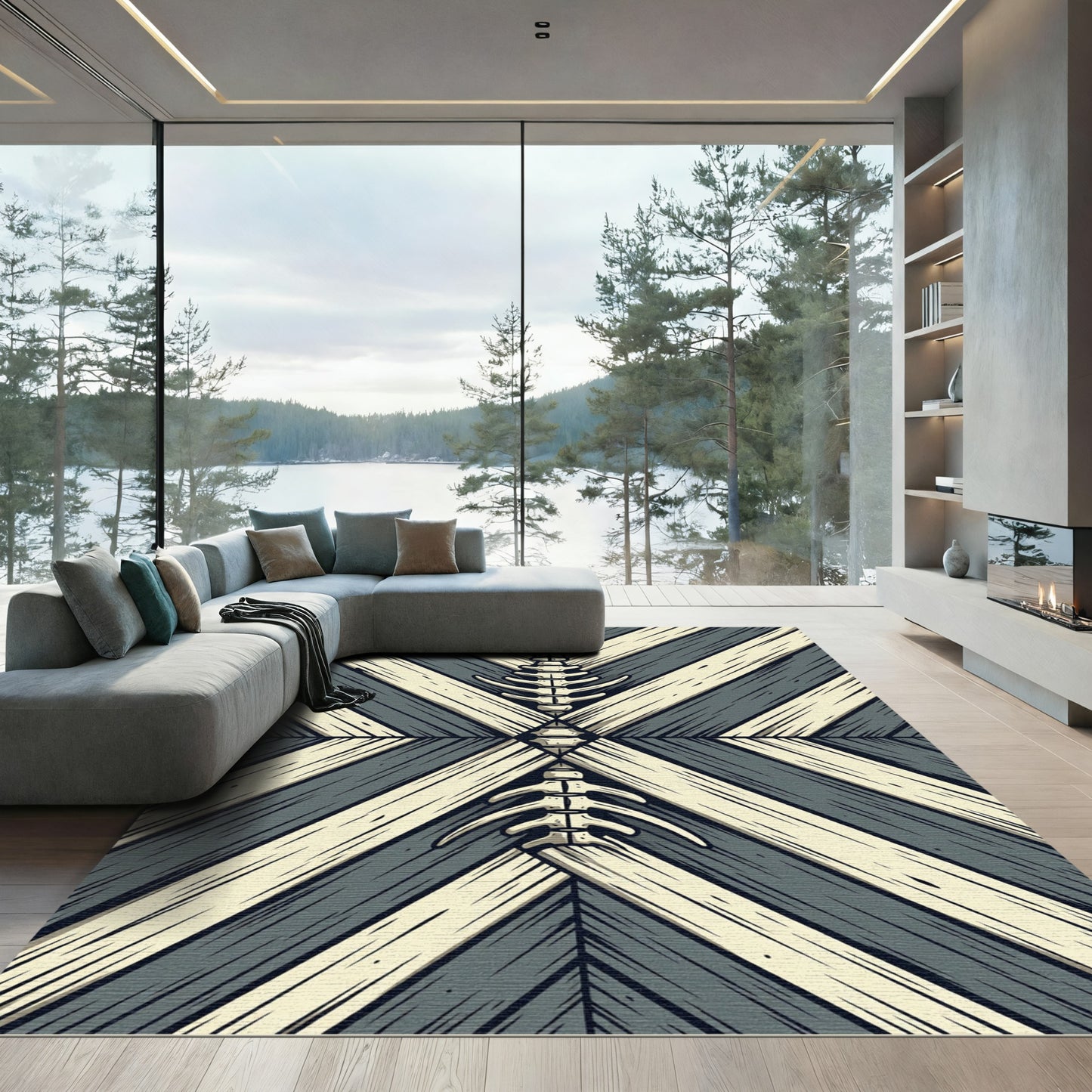 Minimalist Gray Bone Fish Diagonal Herringbone Rug