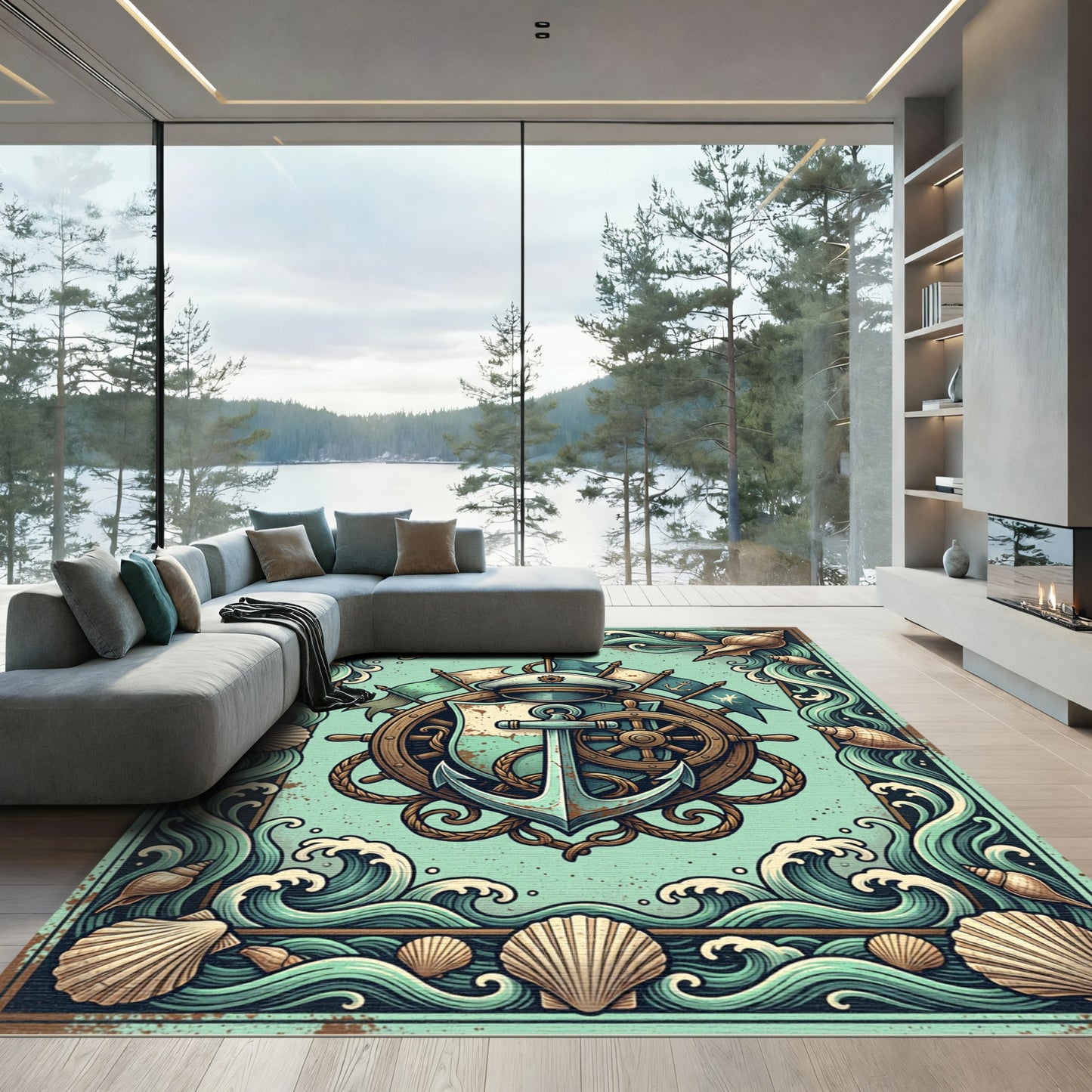 Nautical Anchor Sea Shell Cream Teal Rug