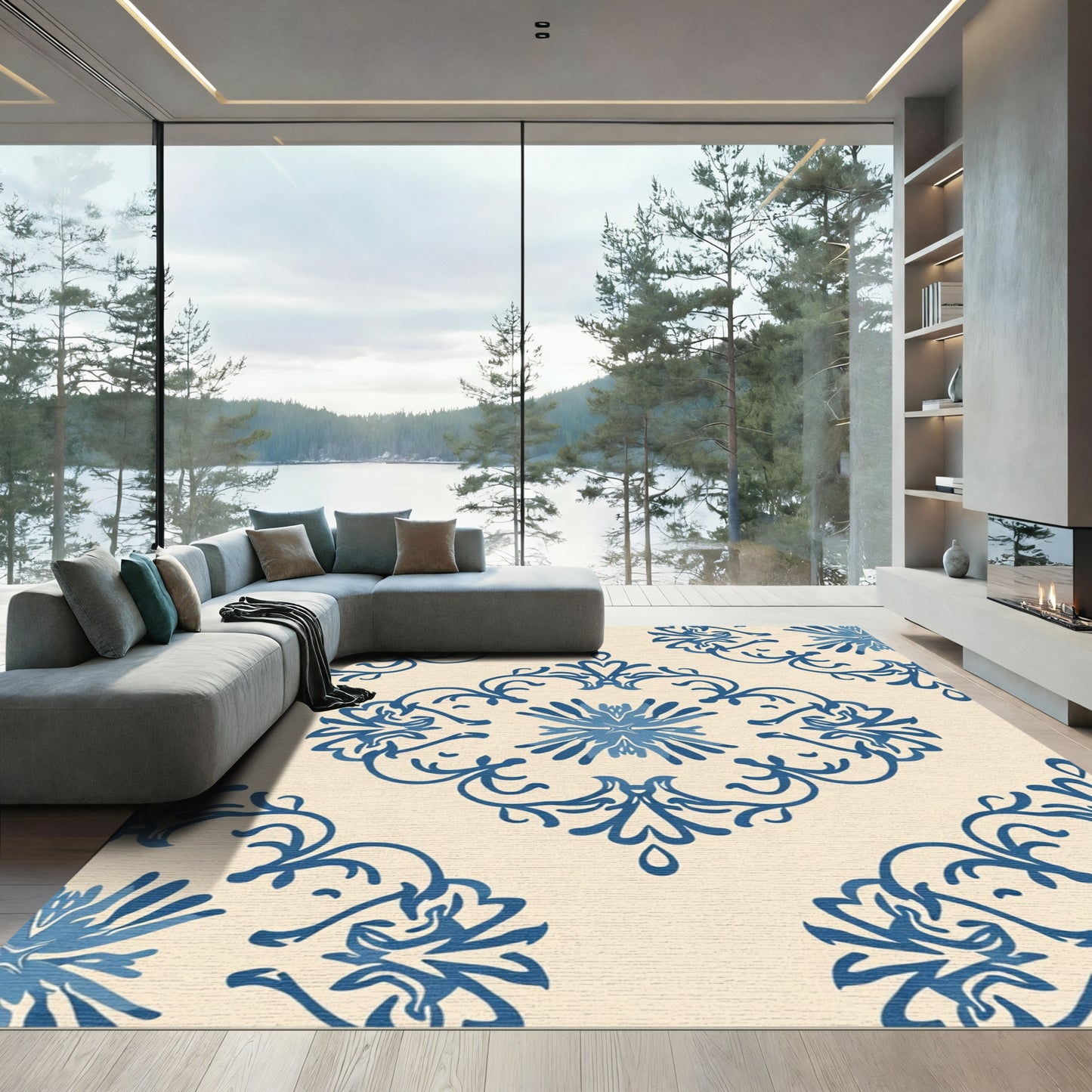 Navy Blue Classic Floral Medallion Rug