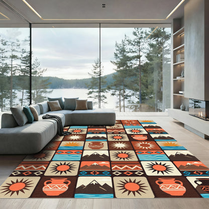 Southwestern Earthy Sun Mountain Geometric Grid Rug