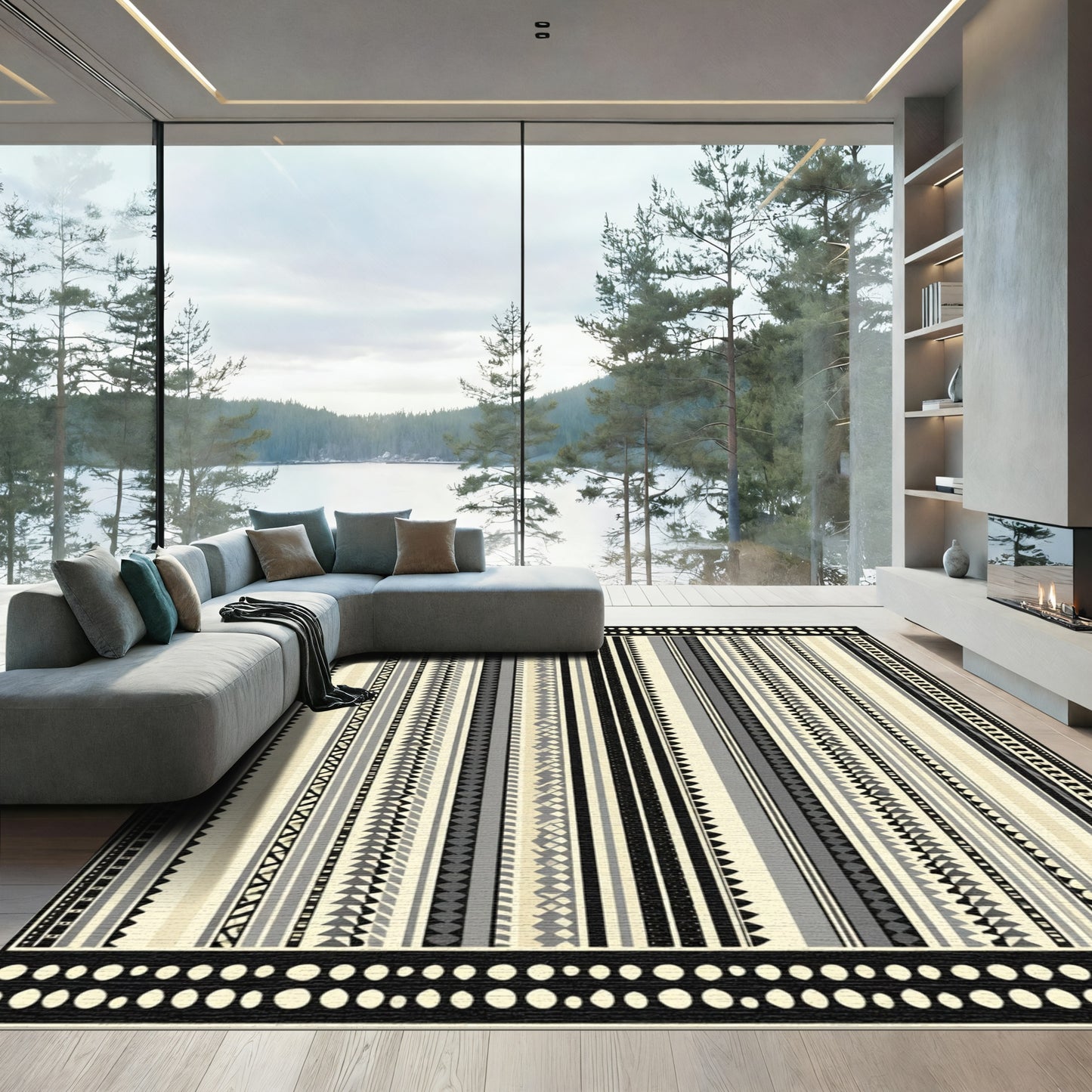 Cream Gray Black Tribal Stripe Rug