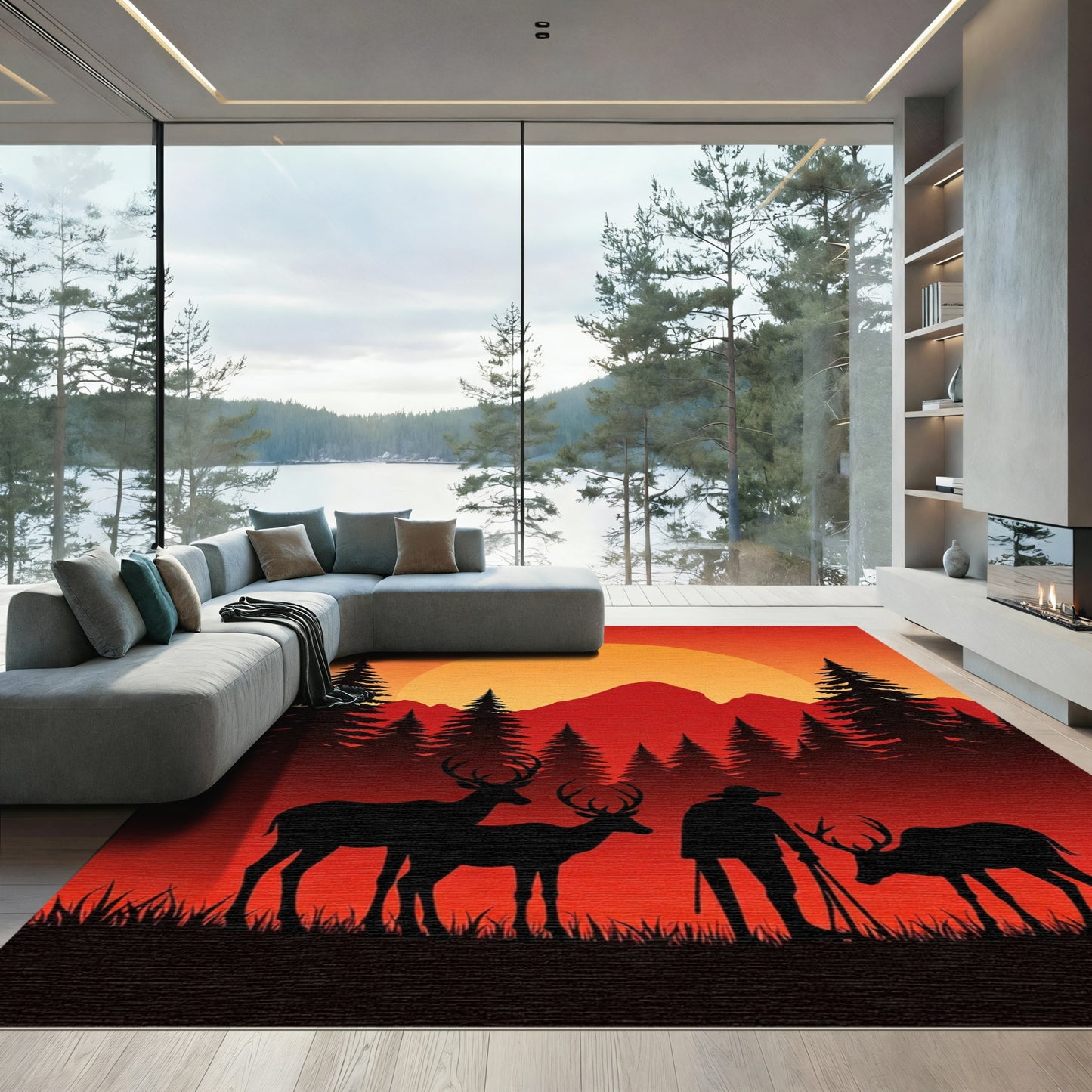Sunset Deer Hunter Forest Scene Rug