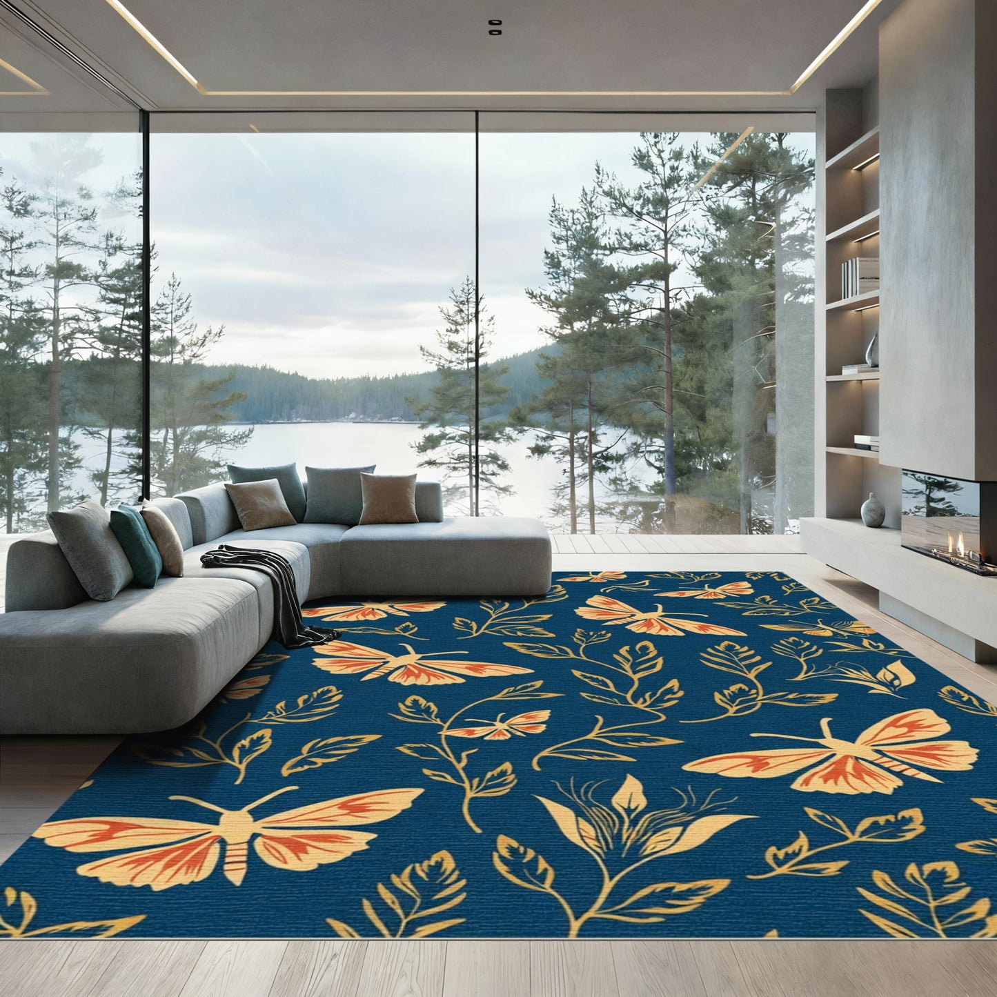 Cobalt Blue Orange Cream Moth Floral Rug