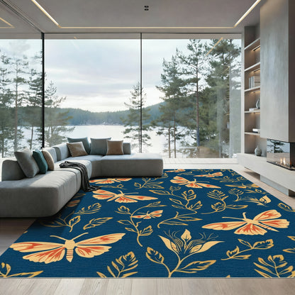 Cobalt Blue Orange Cream Moth Floral Rug