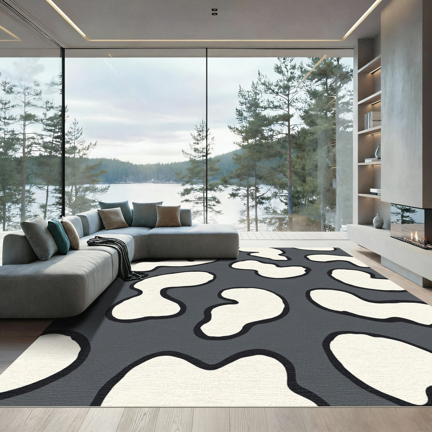 Gray and Cream Abstract Organic Shapes Rug