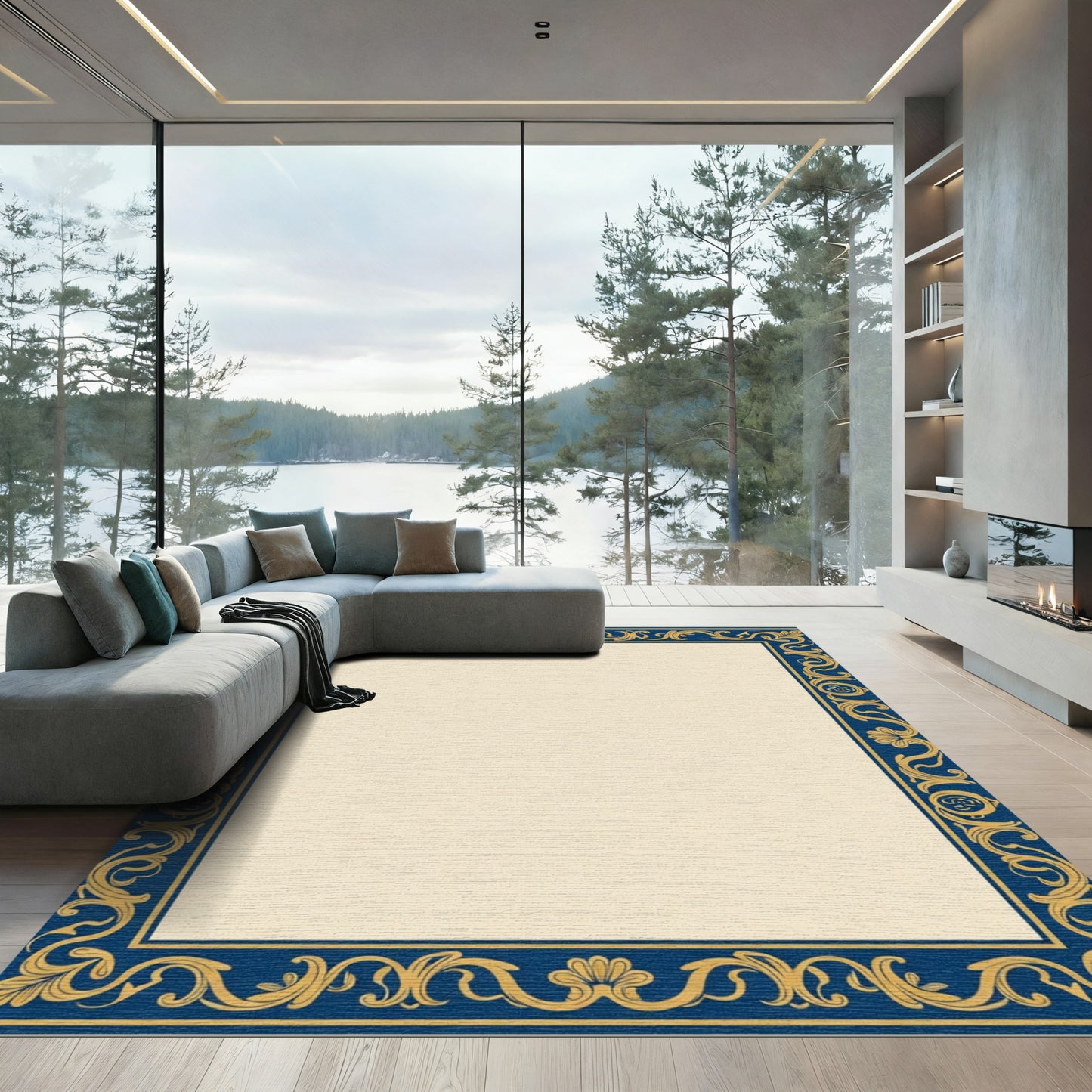Ornate Navy Gold Vine Scroll Rug