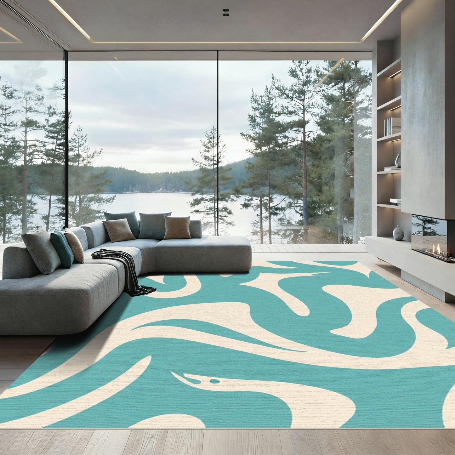 Teal and Cream Swirl Flow Rug
