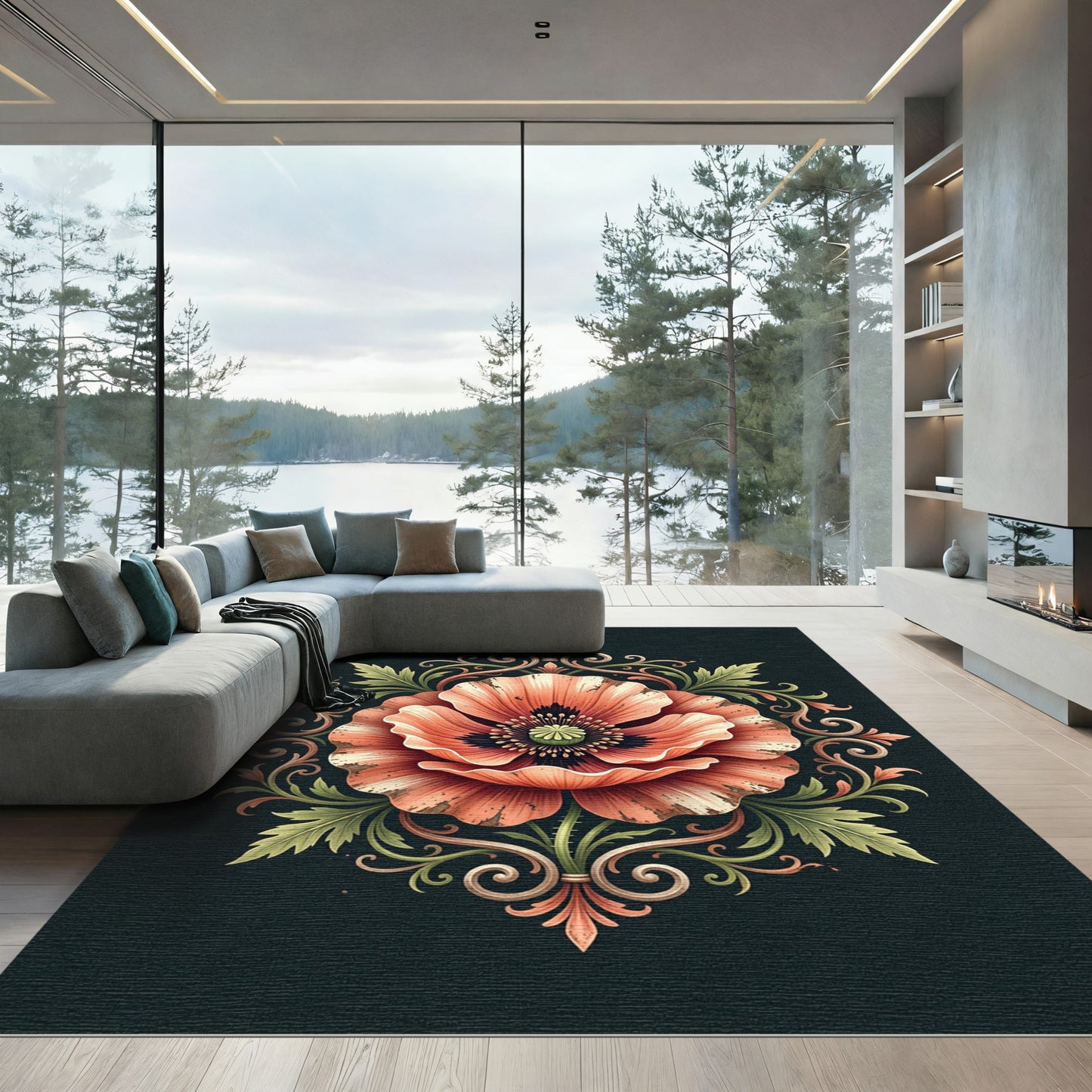 Antique Peach Poppy Scroll Medallion Rug