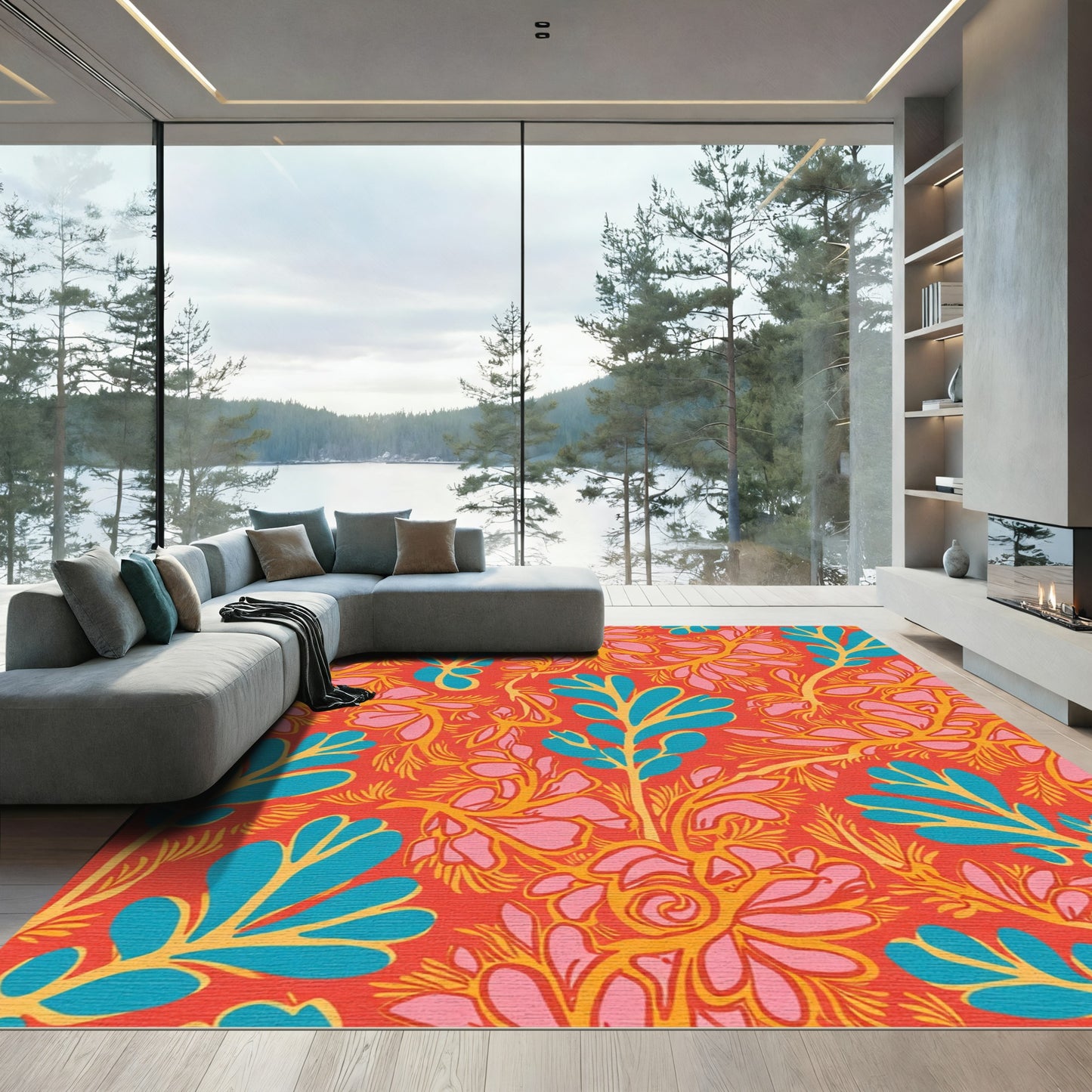 Vibrant Coral Floral Leaf Medley Rug