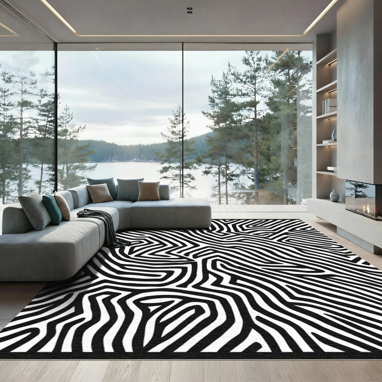 Monochrome Abstract Maze Lines Rug