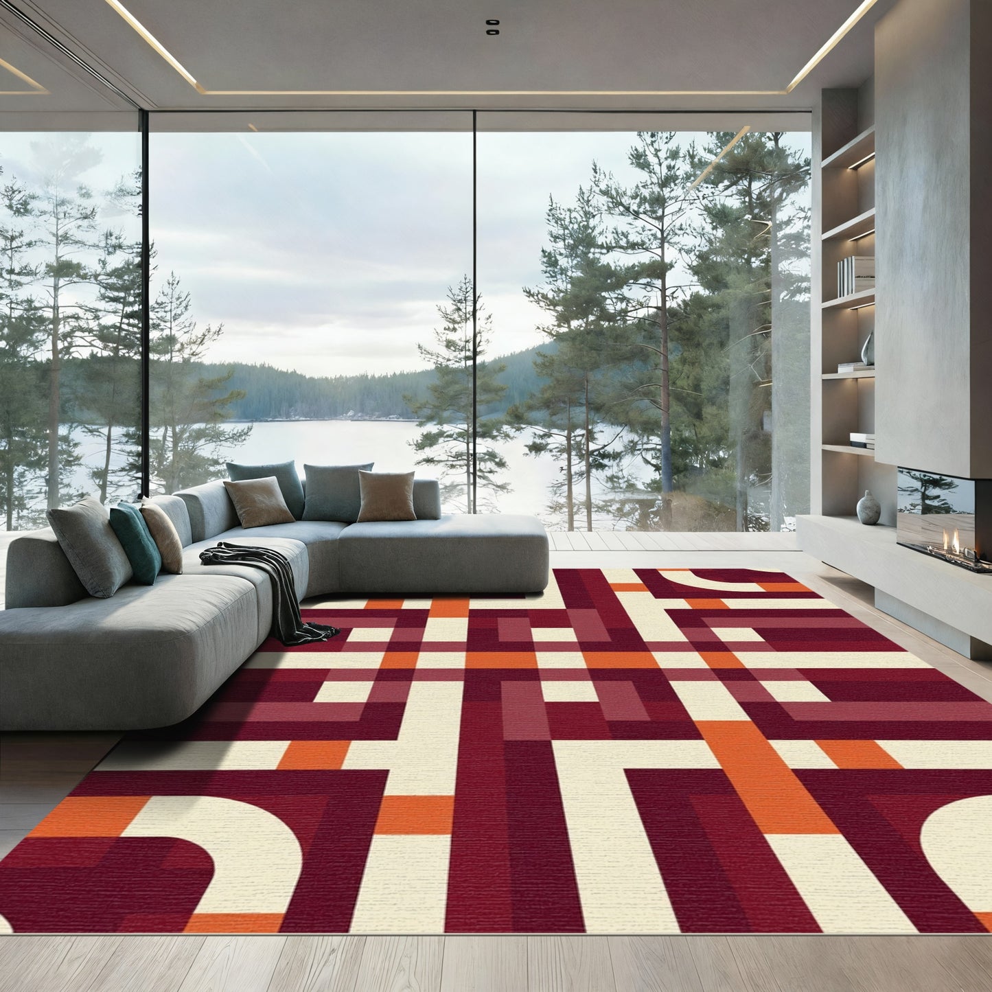 Deep Red Cream Abstract Line Art Rug