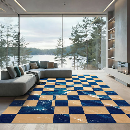 Abstract Ocean Wave Checkerboard Navy Sand Rug