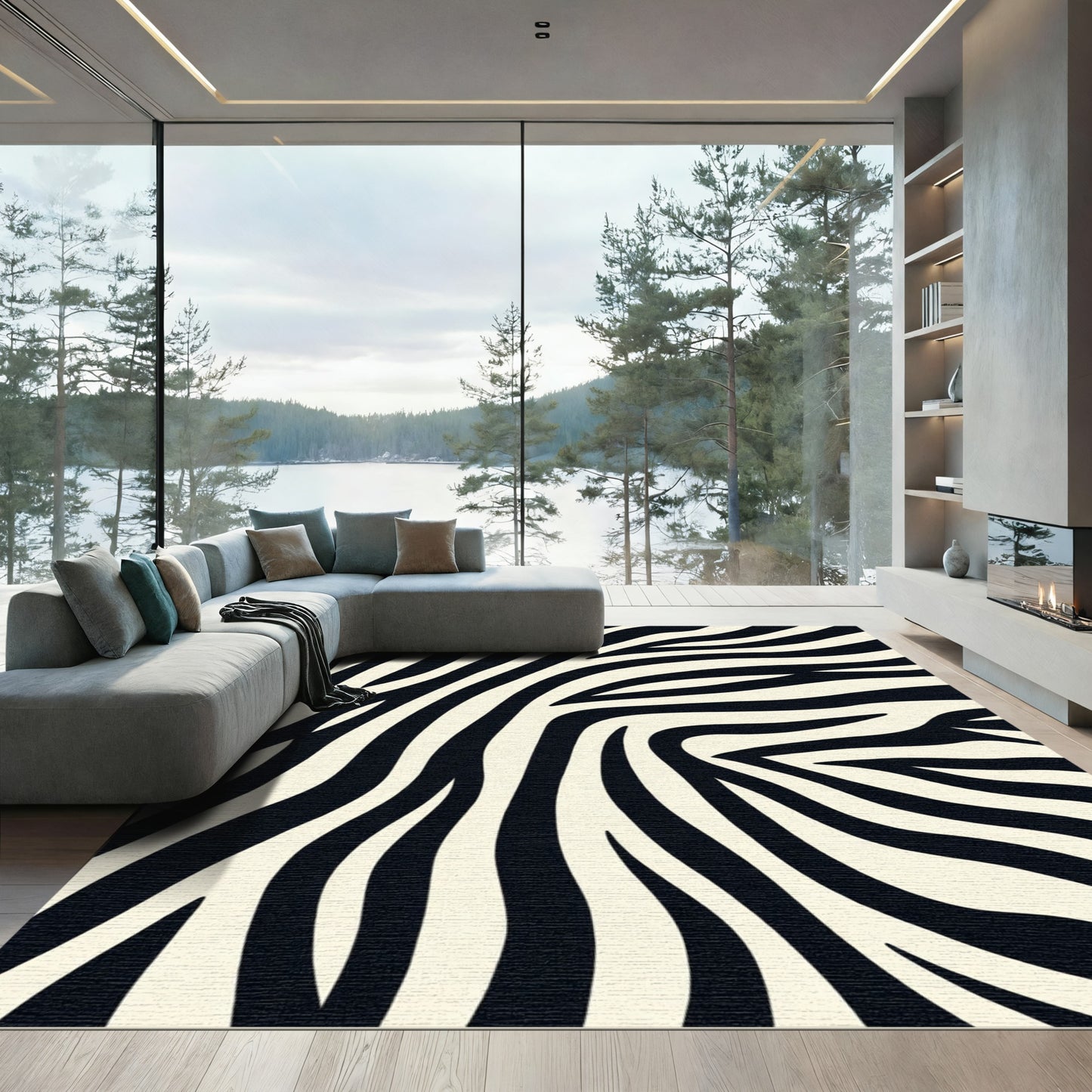 Cream Black Curved Zebraskin Striations Rug