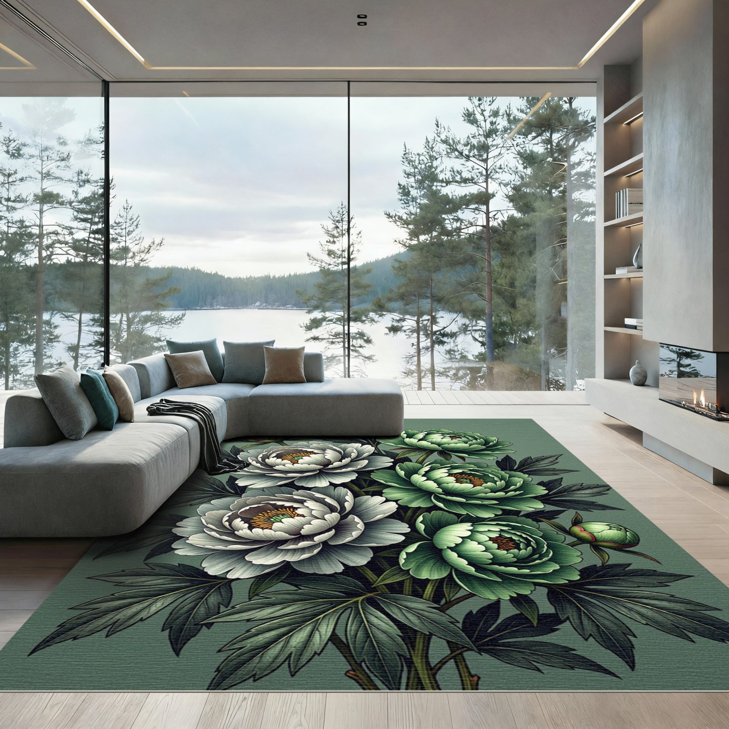 Botanical Sage Green Peony Bouquet Rug