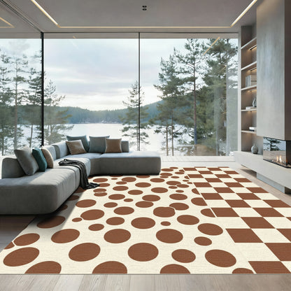 Brown Circles Cream Checkerboard Composition Rug