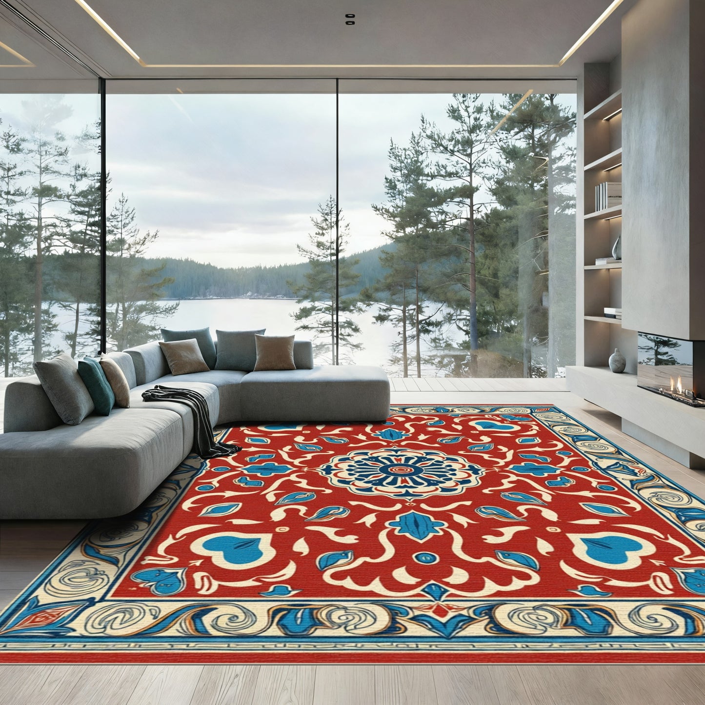 Crimson Blue Floral Medallion Border Rug