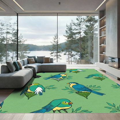 Whimsical Blue Yellow Birds Garden Repeat Rug