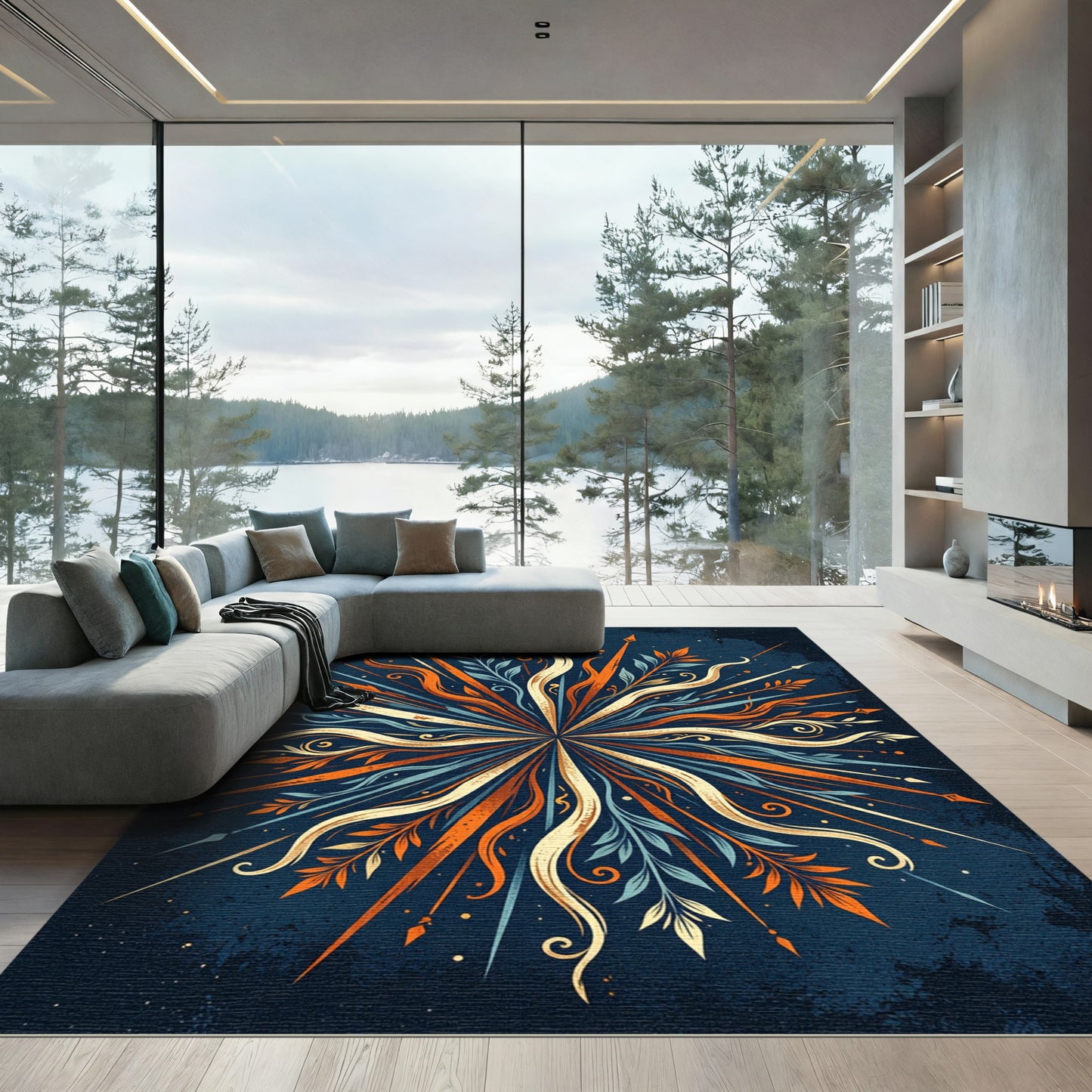 Radiant Orange Blue Floral Burst Rug