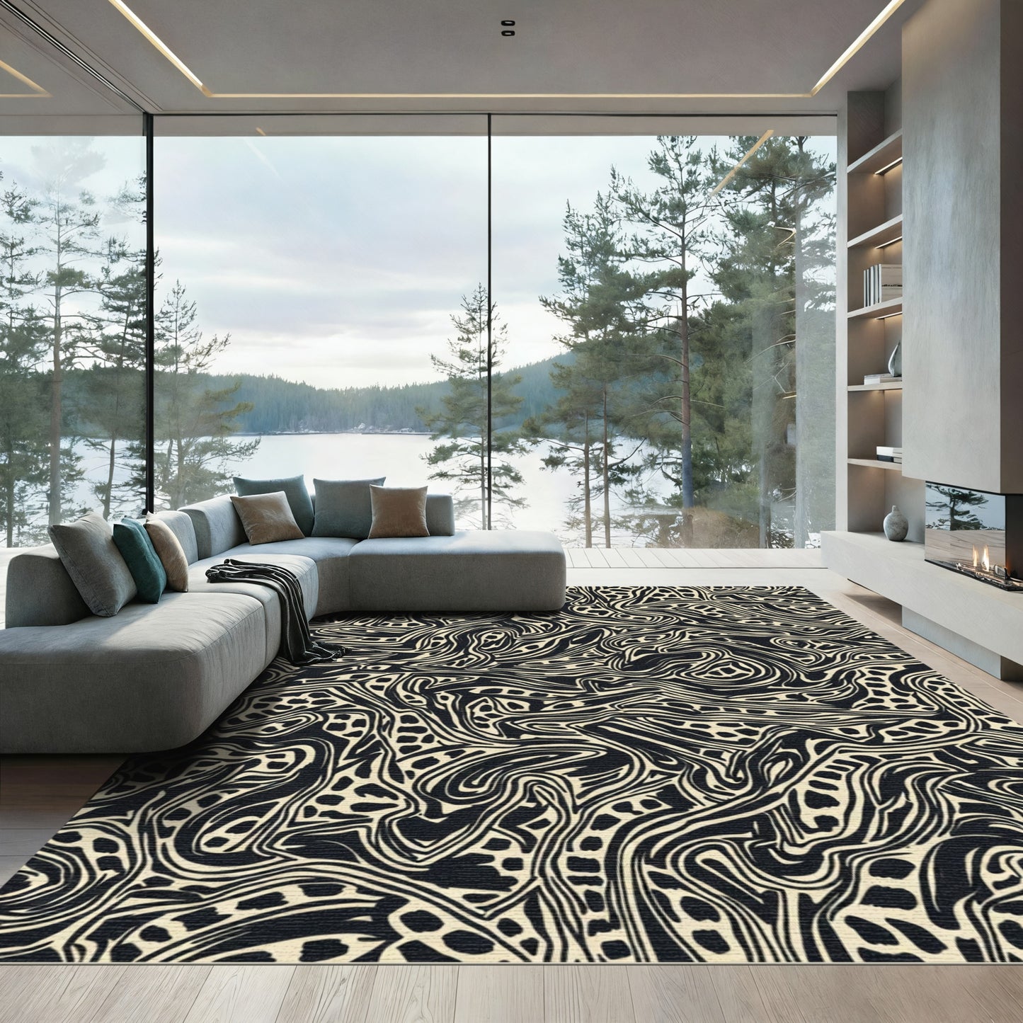 Black Cream Fluid Swirls Rug