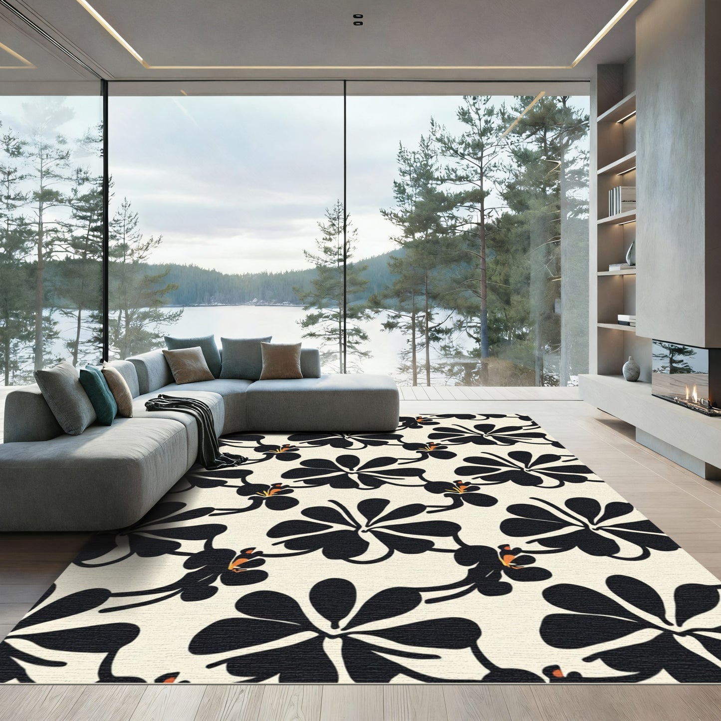 Bold Black Orchid Floral Pattern Rug