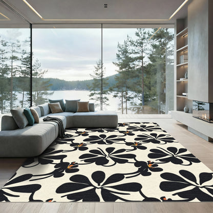 Bold Black Orchid Floral Pattern Rug