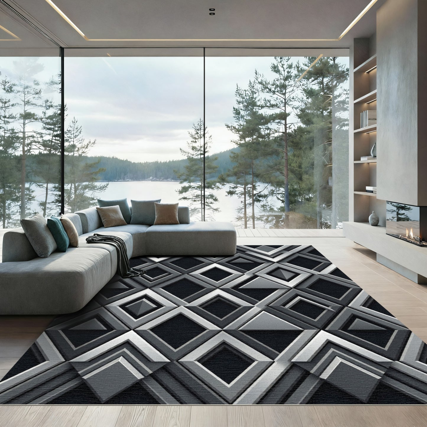 Modern Gray Geometric Overlay Diamond Rug