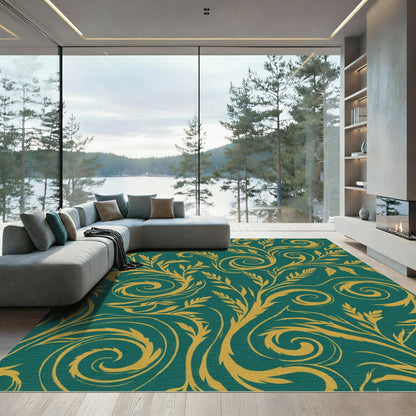 Gold Swirling Vines Teal Background Rug