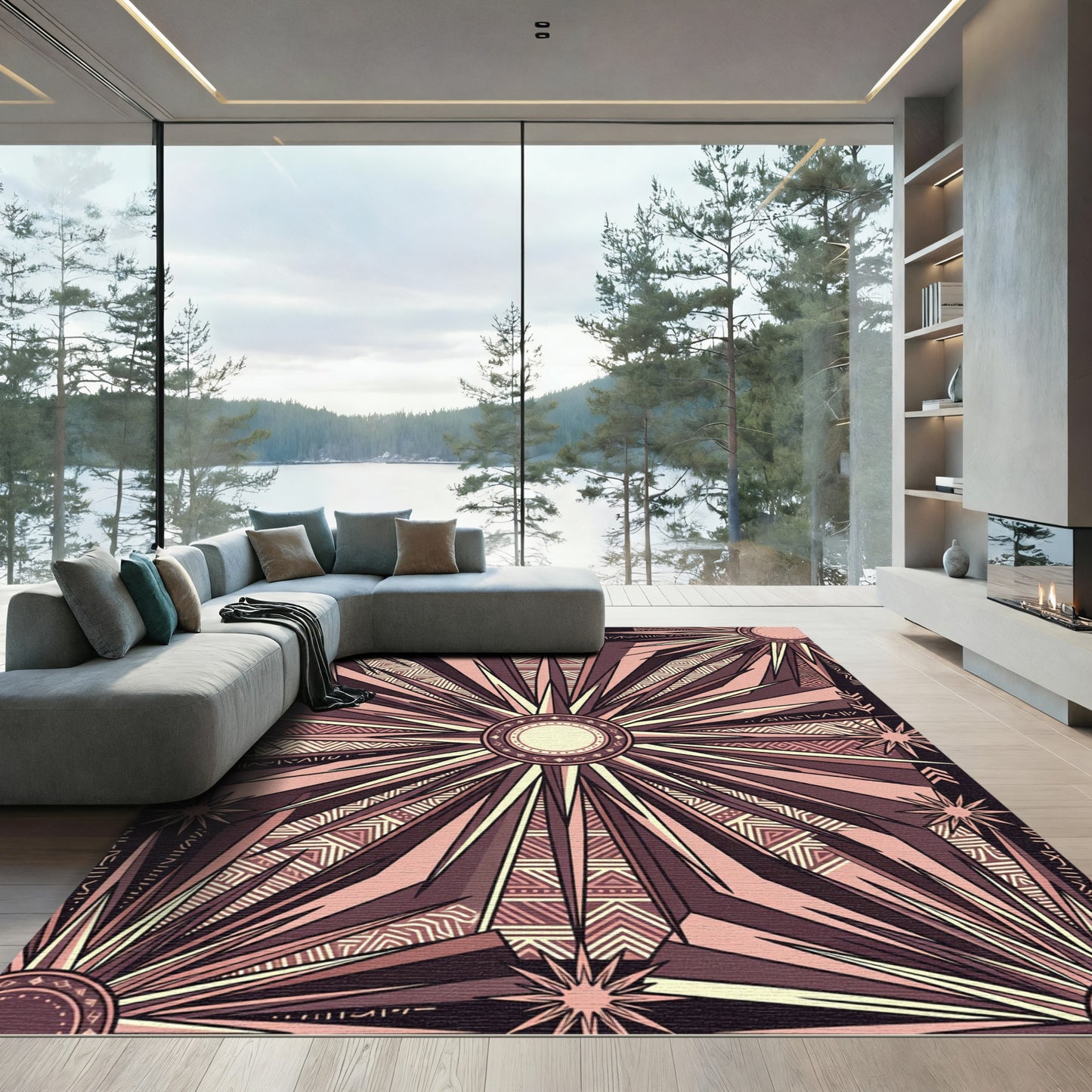 Celestial Geometric Sunburst Ochre Black Rug