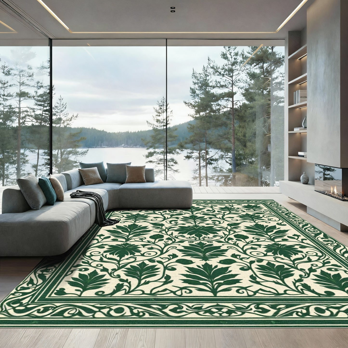 Dark Green Floral Vine Border Rug