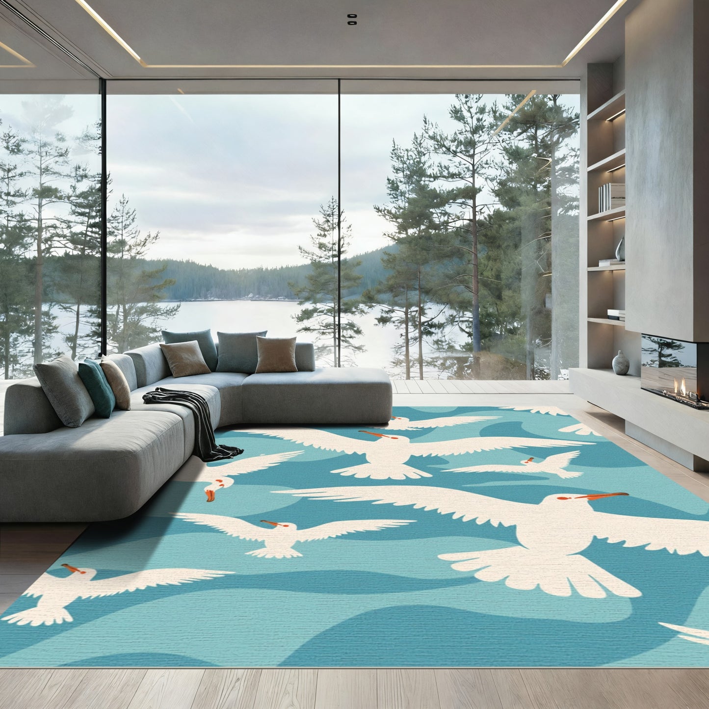 White Seagulls Over Blue Wavy Ocean Rug