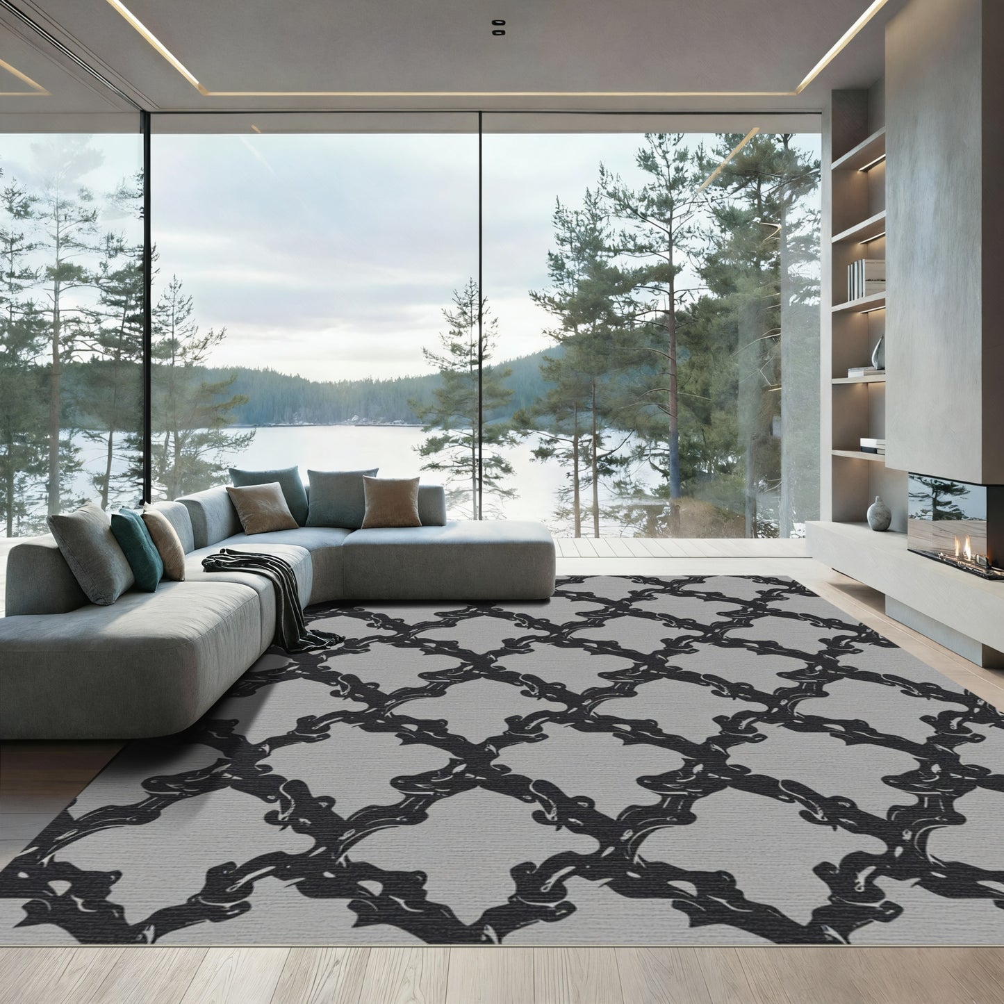 Elegant Black Lattice Gray Rug