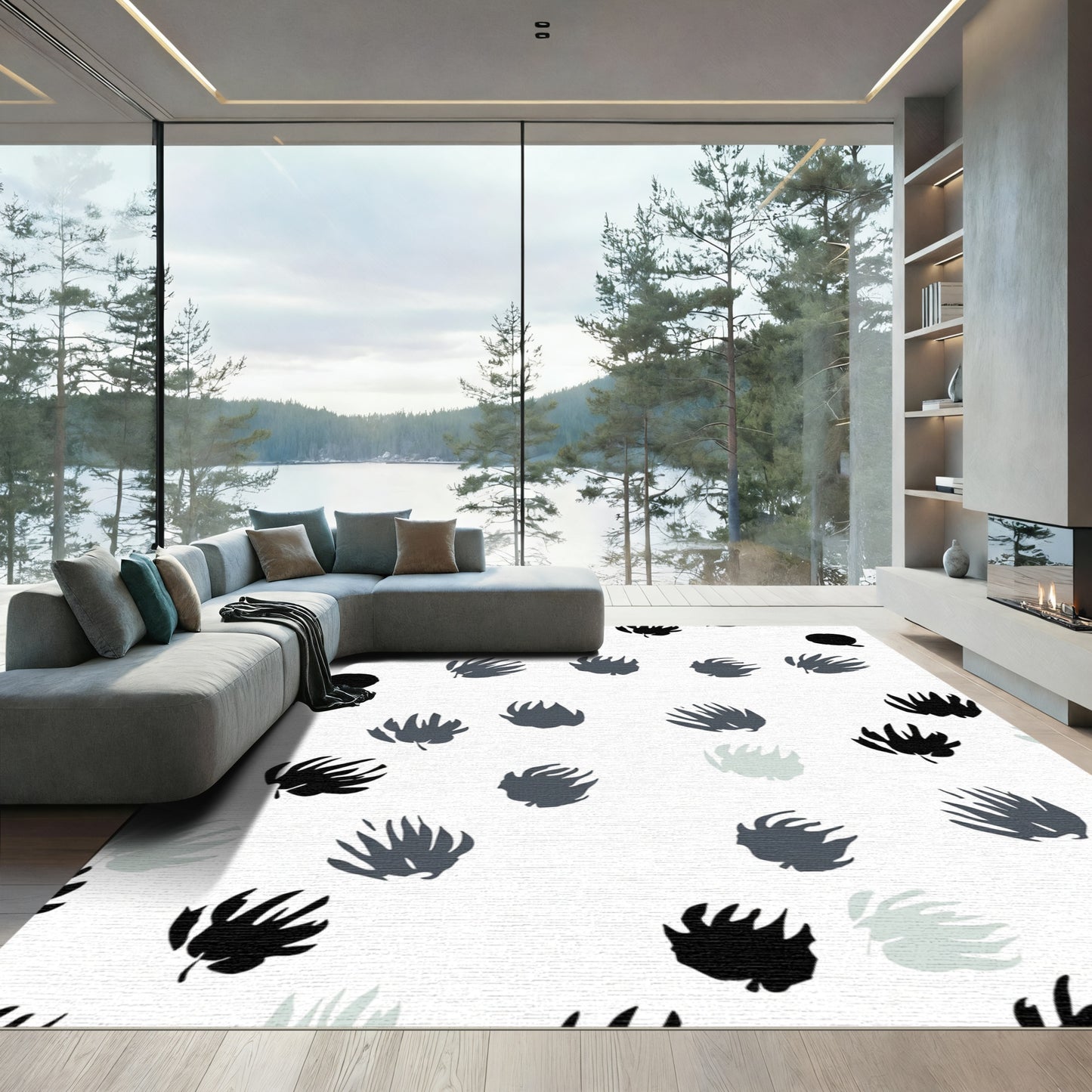 Textured Black Gray White Floral Scatter Rug